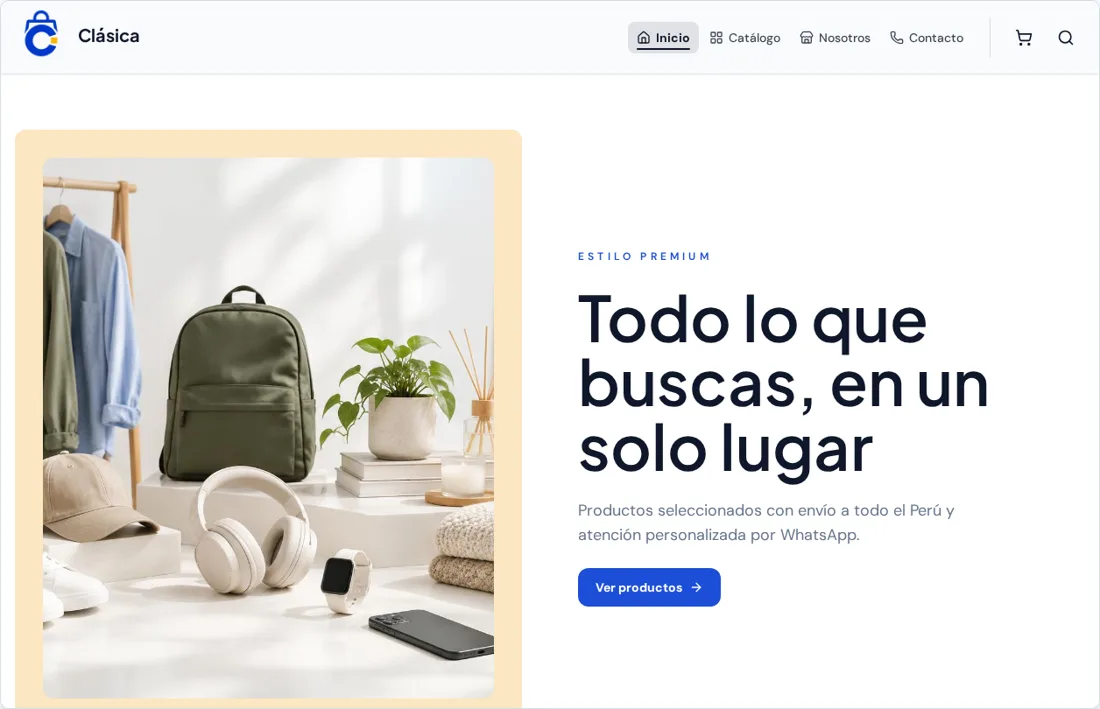 Vista real de la plantilla Clásica con navegación y portada de productos